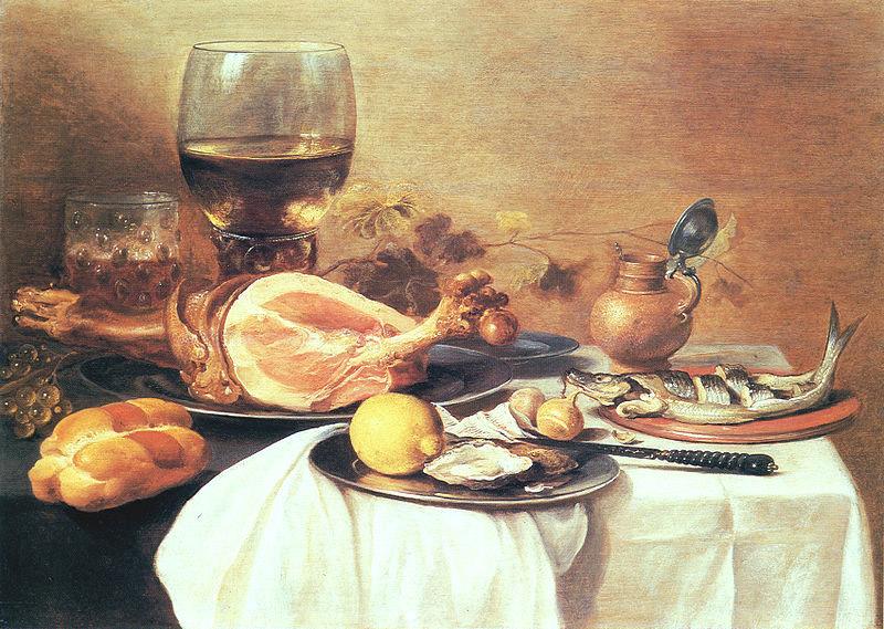 Pieter Claesz A ham, a herring, oysters, a lemon, bread, onions, grapes and a roemer oil painting picture